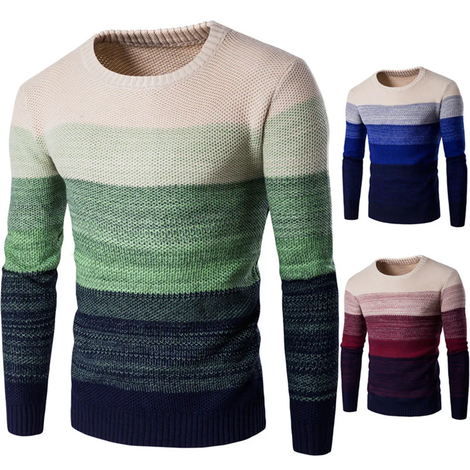 Autumn Men's Gradient Sweater Casual O-Neck Striped Mens Knittwear Patchwork Winter Knitted Pullovers Slim Fit Pull Homme