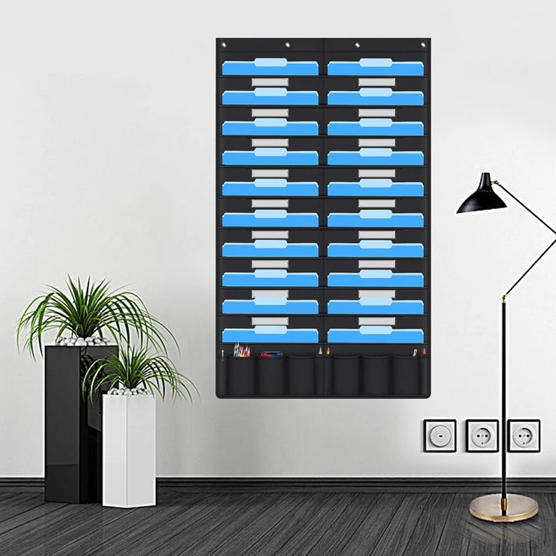 

20 Pocket Door Hanging File Organizer With Name Tag,Black Wall Storage Pocket Charts With 4 Hangers,Great for Classroom,School,H
