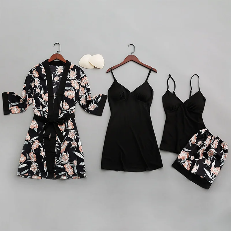 

Summer Sexy Spaghetti Strap Temptation Pajamas with Chest Pads Print Floral Silk Sleepwear Soft Comfortable Pyjamas Nightgowns