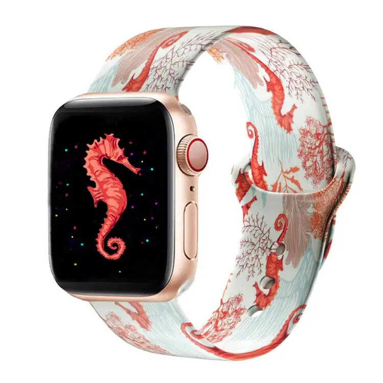 Двусторонний силиконовый ремешок с принтом для Apple Watch 38 мм 42 мм 40 мм 44 мм резиновый спортивный ремешок для iwatch серии 5 4 3 2 1 браслет - Цвет ремешка: Sea horse