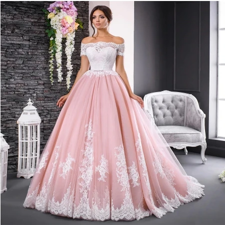 

Pink Tulle Quinceanera Dresses 2020 Off The Shoulder Lace-Up Lace And Tulle Appliques Custom-Made vestidos de 15 anos vestidos