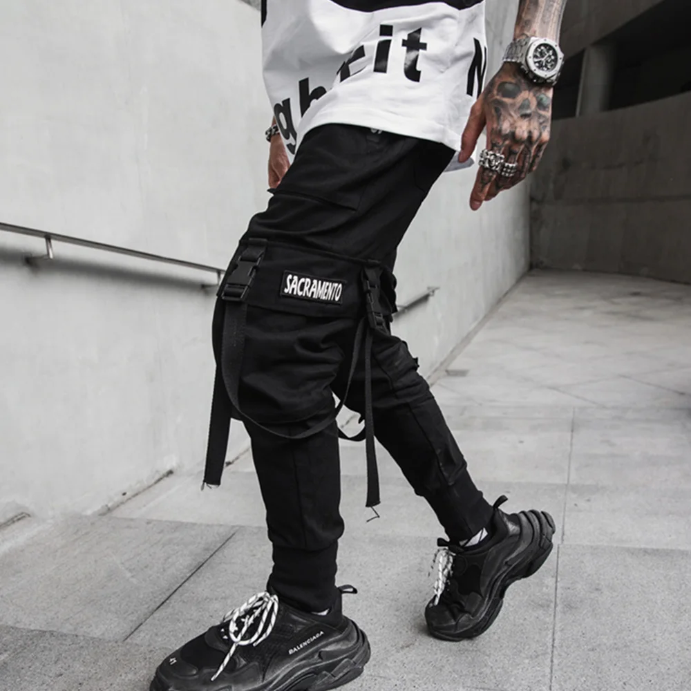 Мужские штаны для бега в стиле хип-хоп, черные штаны-шаровары, уличная одежда с несколькими карманами, мужские спортивные штаны, уличная одежда, повседневные мужские штаны в стиле хип-хоп, 2XL
