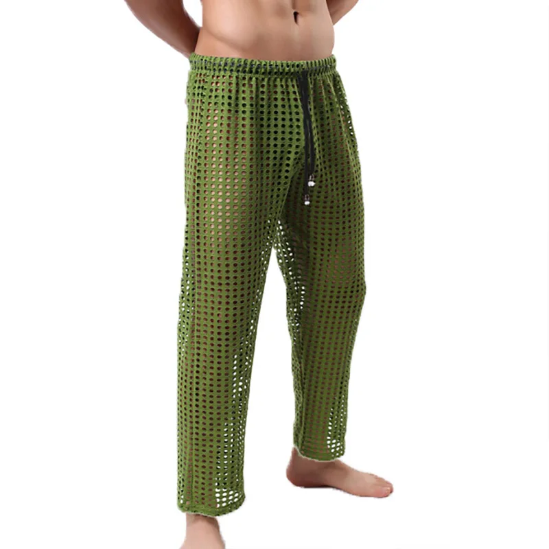 Men Pyjamas Trousers Mesh Home Pants Fishnet Transparent Casual Breathable Homewear Lacing Sexy Sleep Bottoms Loose Lounge Pants