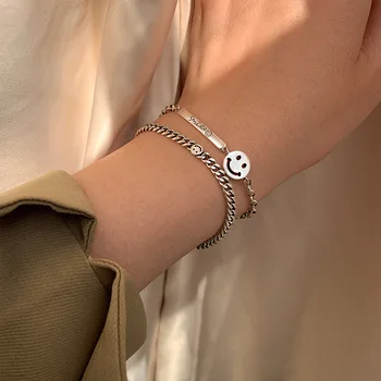 

925 Sterling Silver Trendy Geometric Bracelet for Women Vintage Handmade Smiling Face Bracelets Birthday Party Jewelry sl254