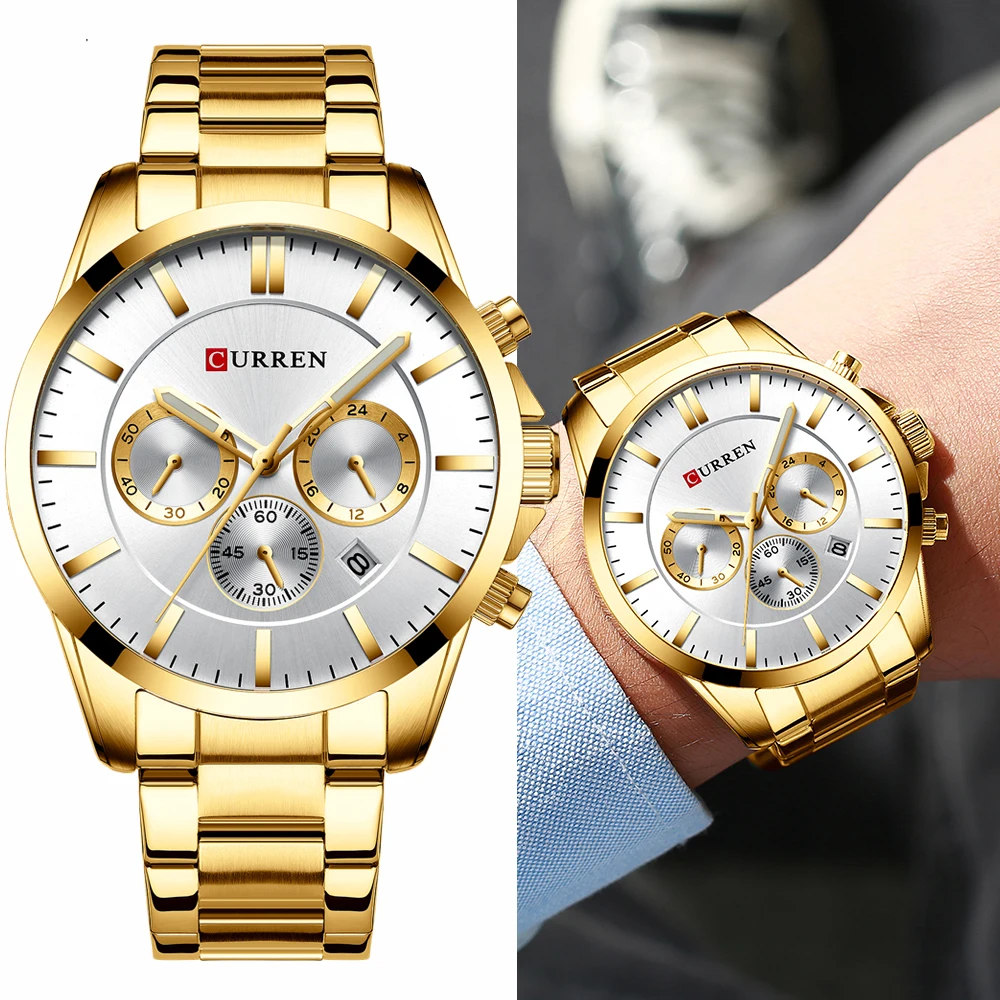 

CURREN Luxury Business Chronograph Auto Date Stainless Steel Men Watches Fashion Style Military Waterproof Quartz Watch Men's