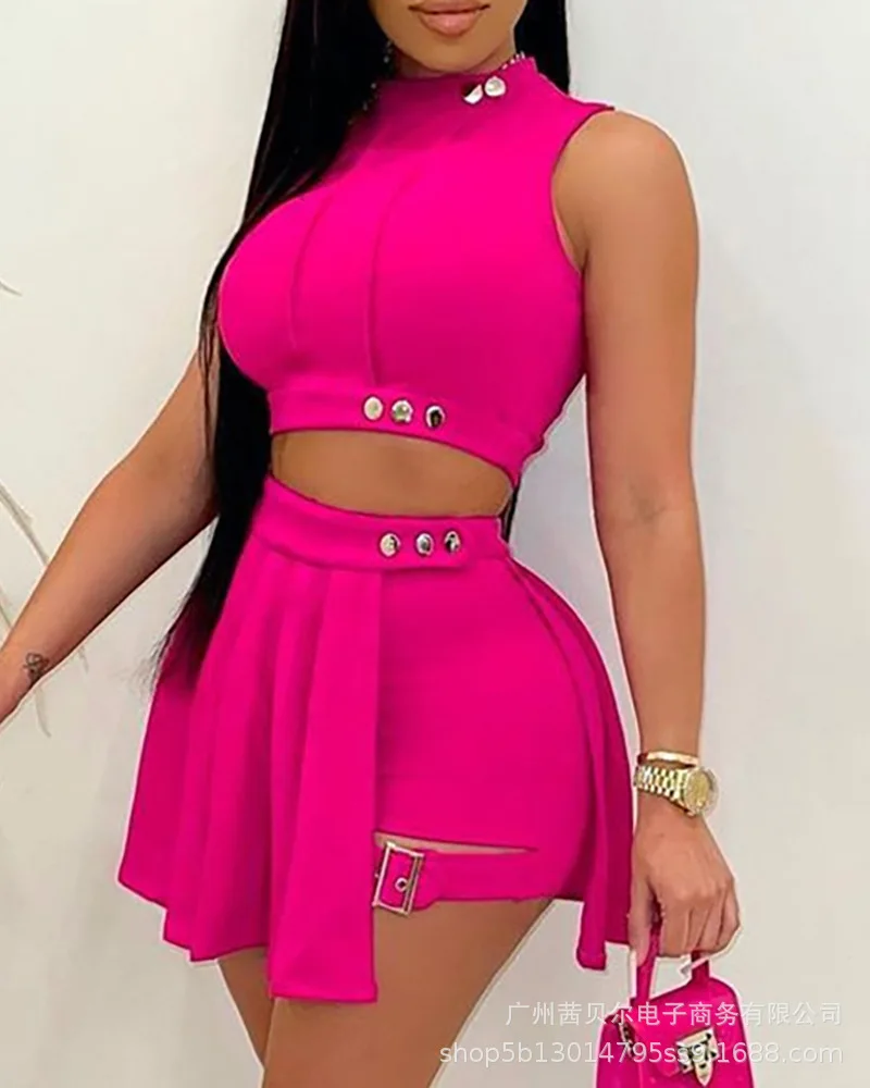 Casual Wear Women Sleeveless Short Top and Mini Skirt Sexy Two-piece 2021 Summer Sleeveless Pleated Skirt Short Set plus size sweat suits