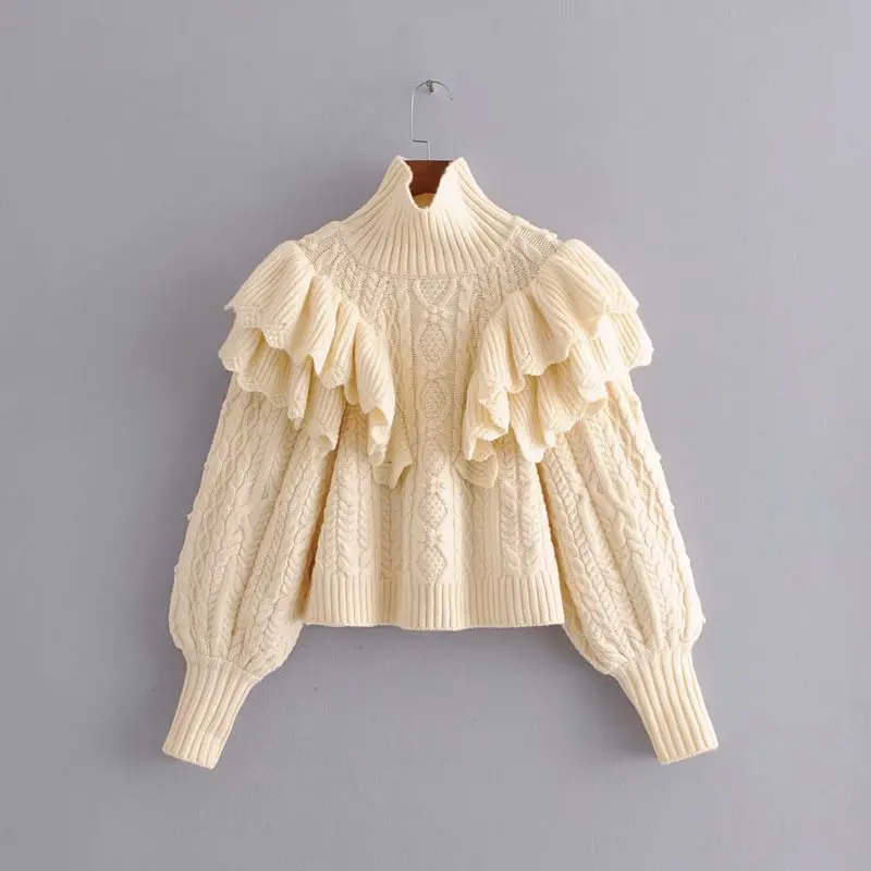women turtleneck ruffles sweaters 2020 winter knitted pullover jumper warm lantern sleeve white loose female casual sweater | Женская