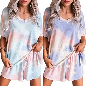 

Womens Summer V Neck Tie Dye Short Sleeve Top Loose Shorts Pants Pajamas Set Nightwear Lounge Wear Plus Size Home Clothes