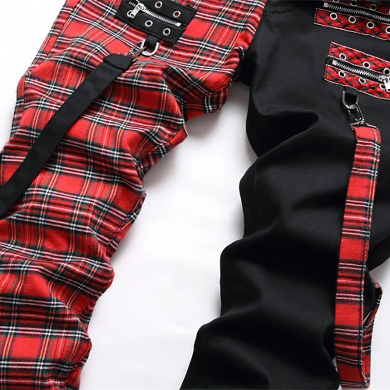 Men Punk Jeans Trendy Scotland Plaid Tartan Black Denim Pants Streetwear Rivet Patchwork Spliced Slim Straight Trousers 4