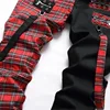 Men Punk Jeans Trendy Scotland Plaid Tartan Black Denim Pants Streetwear Rivet Patchwork Spliced Slim Straight Trousers 4