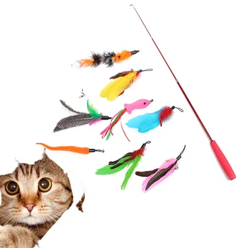 

9 Pcs in 1 Set Telescopic Three Section Handle and Cat Teaser Cat Flirting Stick Toys Ring Bell Colorful Feather Pendant Accesso
