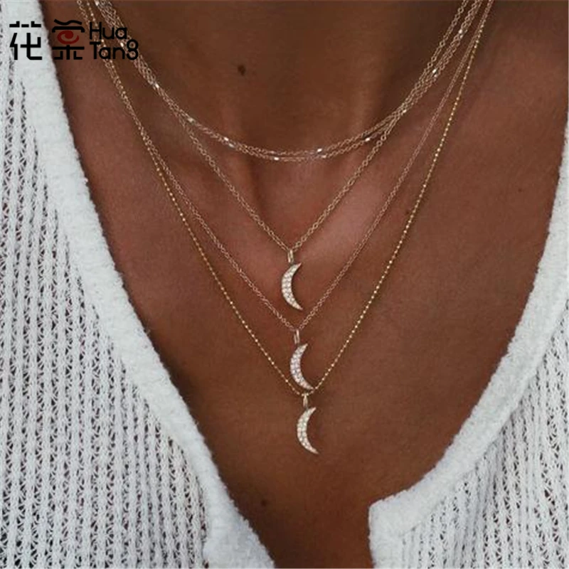 HuaTang Gold Moon Multi-layer Chain Choker Necklaces for Women Girl Adjustable Long Necklace Jewelry Collares 8420 | Украшения и
