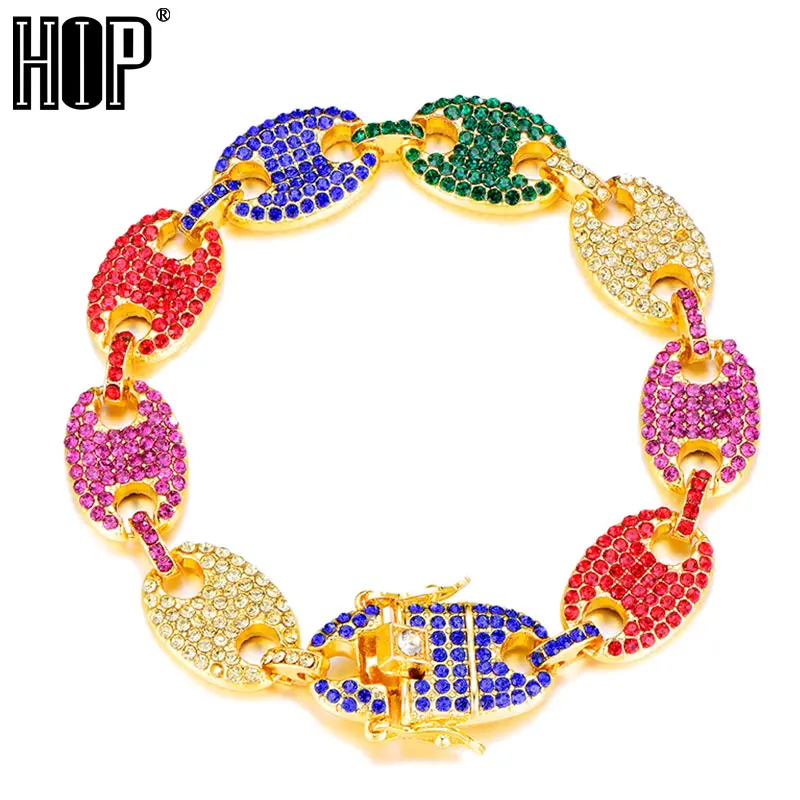 Хип-хоп, многоцветная, ширина, со стразами, 13 мм, 20 см, золото, серебро, кофейные зерна, звеньевая цепь, браслеты, цепь для Мужчин, Ювелирные изделия