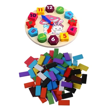 

2 Set Baby Kids Wooden Toys Digital Geometry Clock Educational Toy Blocks Toys & Pack of 120 Mix Wooden Kids Children Domino