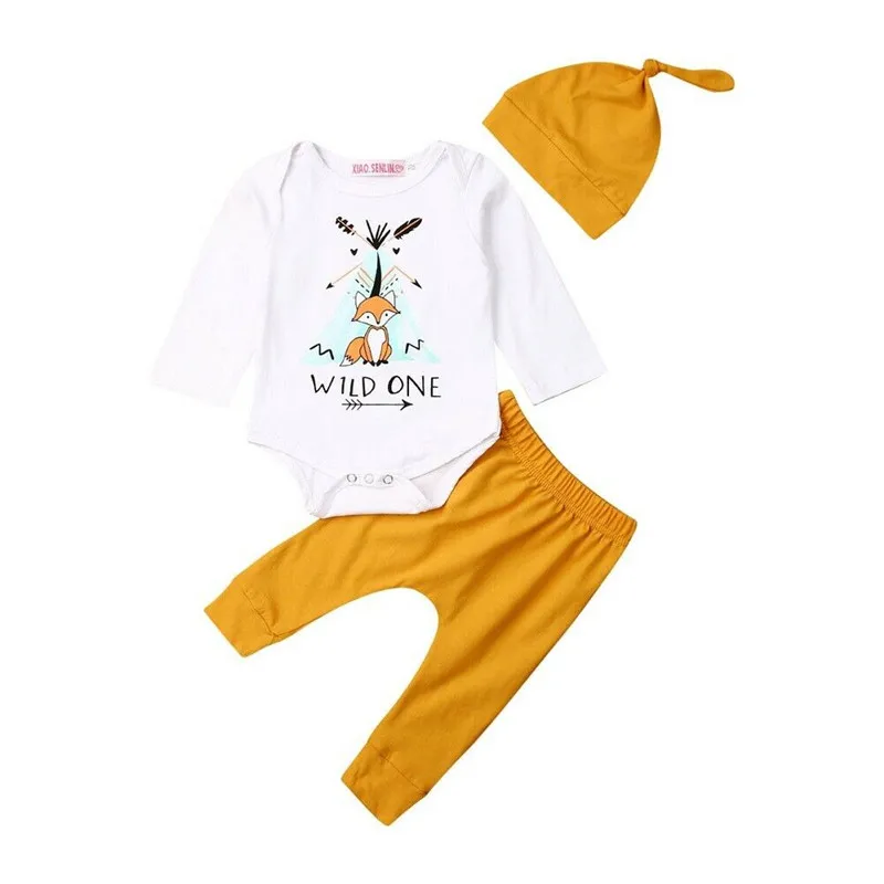 CANIS/комплекты одежды для новорожденных девочек и мальчиков, комбинезон с длинными рукавами и принтом лисы + однотонные длинные брюки +