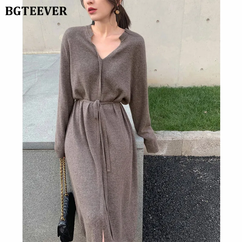 BGTEEVER Vintage Women Knitted Dress Autumn Winter Brief V-neck Warm Drawstring Lace-up Loose Midi Female Sweater Dress 2020 BGTEEVER Vintage Women Knitted Dress Autumn Winter Brief V-neck Warm Drawstring Lace-up Loose Midi Female Sweater Dress 2020