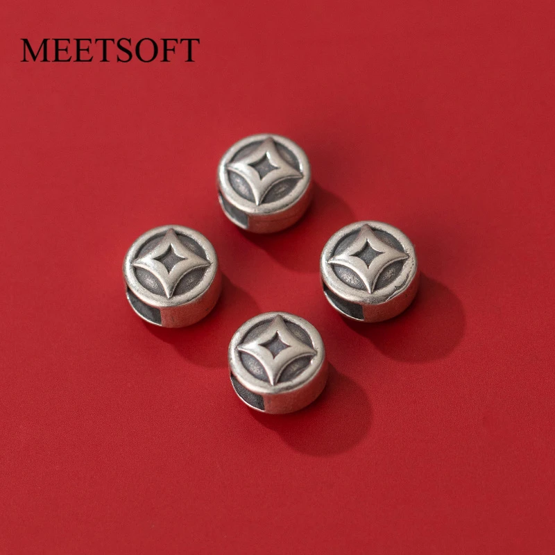 

MEETSOFT Genuine 925 Silver Retro Ancient Coin Square Spacer Beads Charms of DIY Handmade Making Supplies Bracelet Wholesale