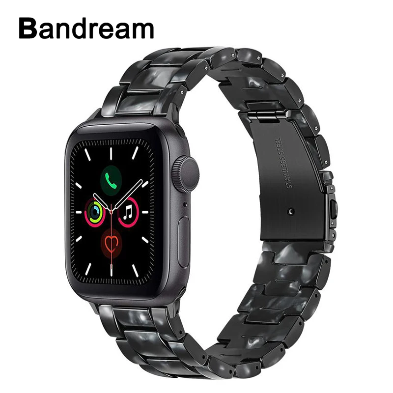 

Black Gray Resin Watchband for iWatch Apple Watch Series 5 4 3 2 1 44/42/40/38mm Men Women Band Stainless Steel Clasp Strap Belt