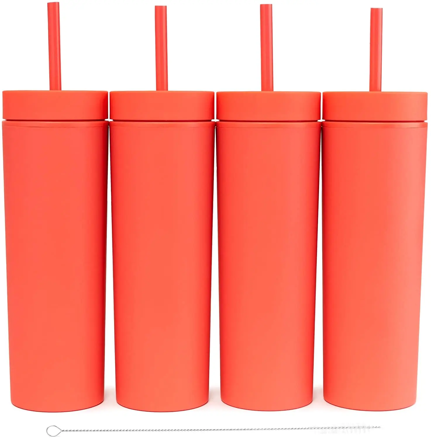  Ezhydrate SKINNY TUMBLERS (4 pack) - ORANGE- 16oz Matte Pastel  Colored Acrylic Tumblers with Lids and Straws