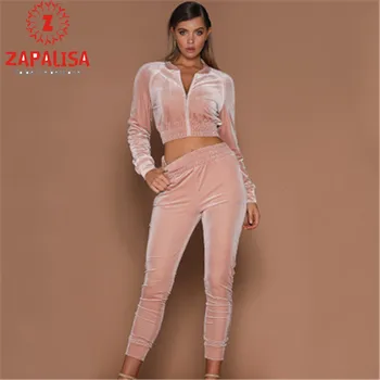 

Zapalisa Solid Color Autumn Spring Women Velvet Outfits Long Sleeve Zipper Crop Jacket + Pocket Decor Elastic Waist Sweatpants