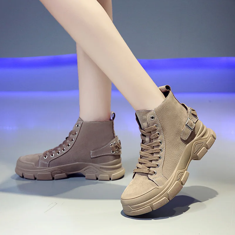 

New Style Platform Heel Lace-up Suede Casual Shoes Women's Comfortable Extra High Martin Boots Hight-top Double Purpose WOMEN'S