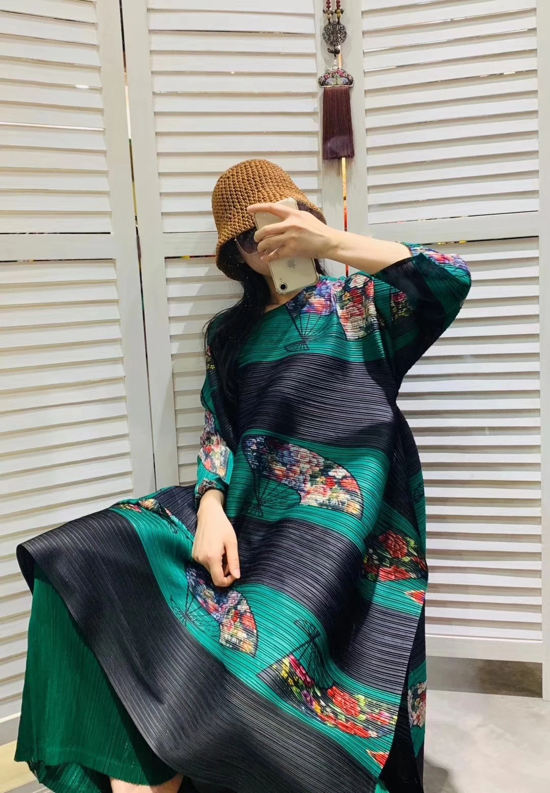 Горячая Miyake три четверти круглый воротник раза китайский стиль печати лоскутное платье