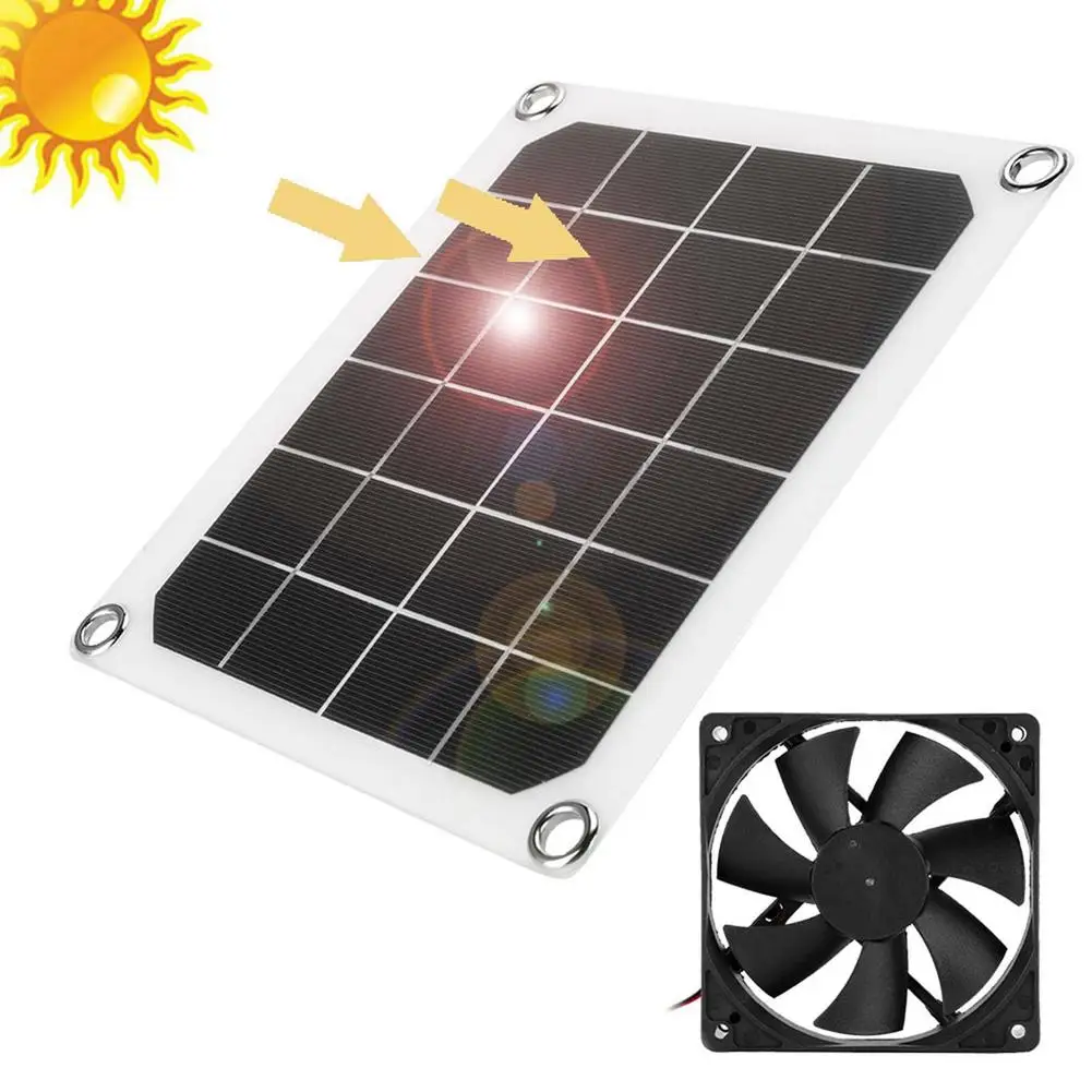 10W Solar Panel Exhaust Fan IP65 Waterproof Portable Exhaust Fan, Solar Power Panel, Carabiner, 4 Suction Cup For For RVs