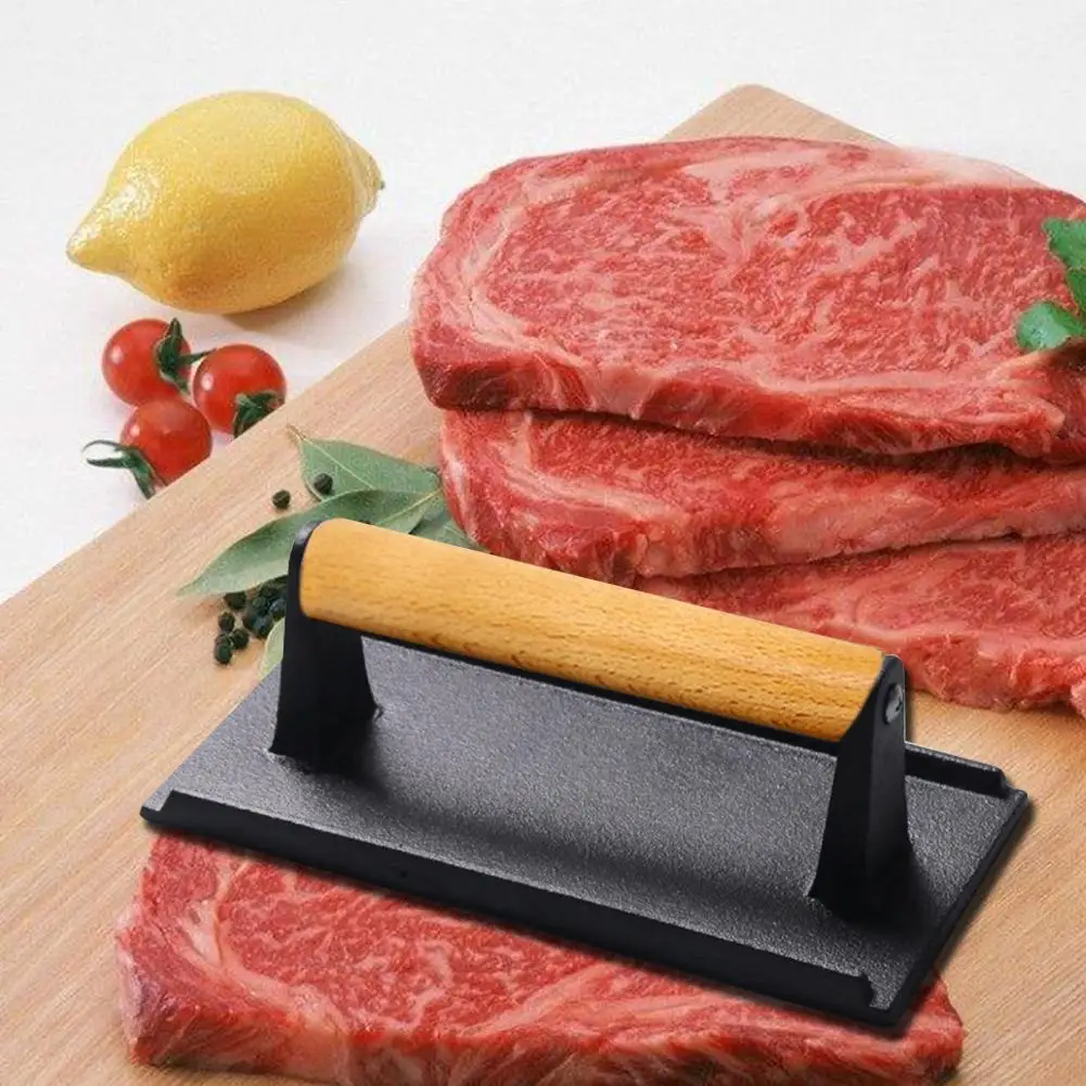 

Cast Iron Steak Weight Bacon Press with Wooden Handle for Grill BBQ Kitchen Cookware Roast Steak Food Meals Fast Cooking