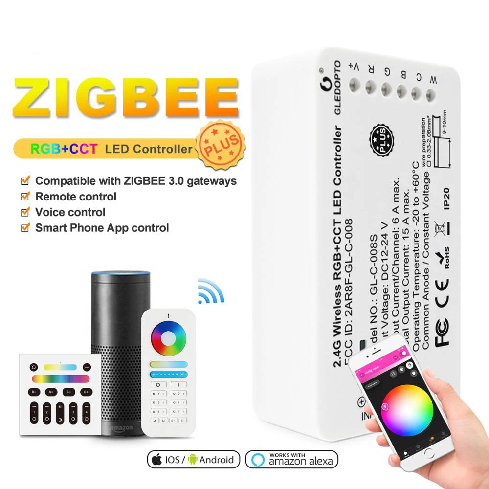 

ZIGBEE RGBCCT Controller Plus,for LED Strip,DC12V/24V,Smart speaker,mobile phone,remote control,Panel Control
