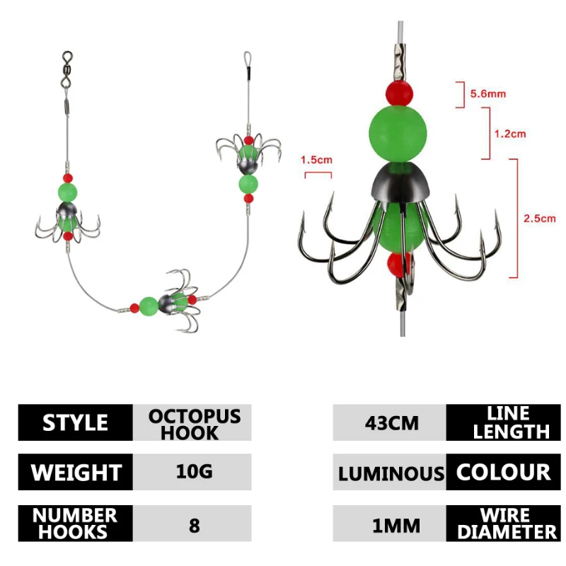Salmon Hook Winter Fishing Hook Green Rubber Mental Octopus Hook Tools Luminous Hook Angling Lure Hooks