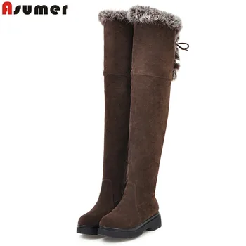 

ASUMER 2020 new arrival over the knee boots women flock round toe lace up winter boots fashion square heels casual shoes woman