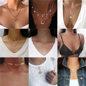 

Boho Multi-element Crystal Necklaces For Women Fashion Gold Necklace Vintage Multiple Layers Pendant Necklace Jewelry