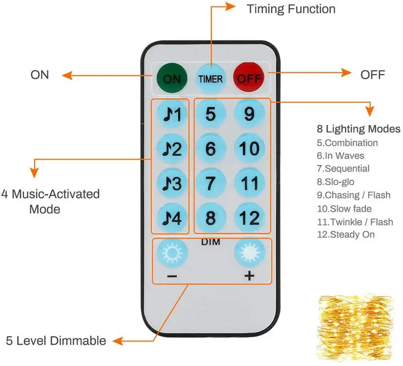 5 м светодиодный светильник с музыкальным управлением, медный провод, светодиодный светильник s 12 режимов, сказочный светильник s с пультом дистанционного управления для рождества, свадьбы