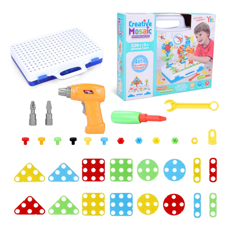Building Block Toy Assemble Toy Electric Drill Toy Drilling Screw 3D Creative Puzzle Toys