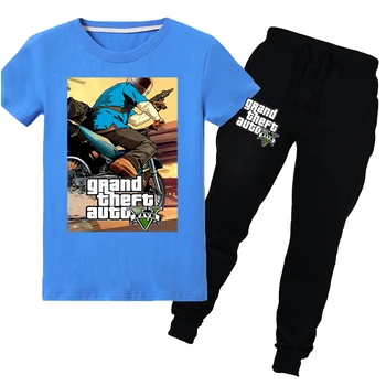 

2020 Summer New Boys Tees Tops Suit Gta5 Cartoon Printing Girls T Shirt Pants 2pcs Sets Kids Casual T Shirts Pant Suits Clothing