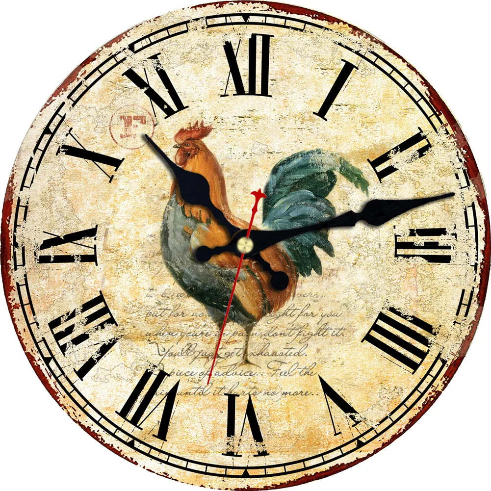 Round Wood Colorful Rooster  Wall Clock Country Kitchen Wall Decor 11 3/4" wide 