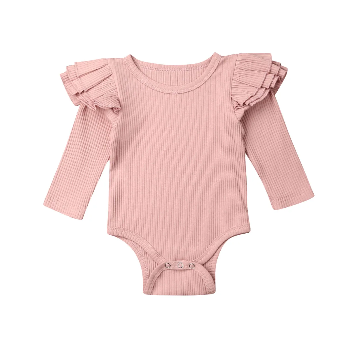 Одежда для новорожденных, для маленьких мальчиков и девочек трикотажный хлопок для младенцев с однотонными оборками Комбинезон-боди наряд с длинными рукавами осень-зима теплый - Цвет: Розовый