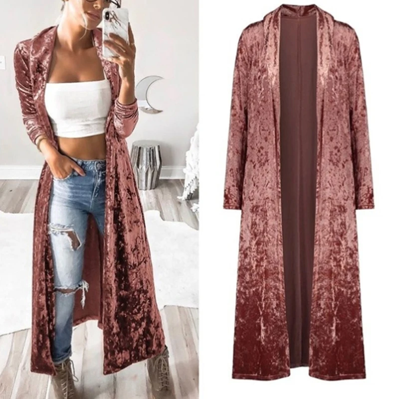 Las mujeres Otoño de manga larga capa larga trinchera abrigo de terciopelo mujer bolsillo chaqueta recta camisa chaqueta abrigo de talla grande