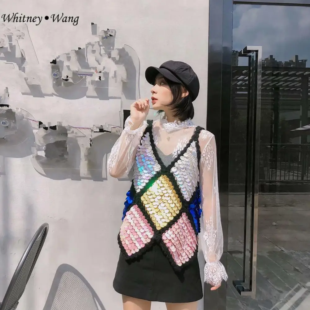 WHITNEY WANG весна осень мода уличная цветная контрастная блестка вязаная майка Женская стильная футболка Топы Футболка