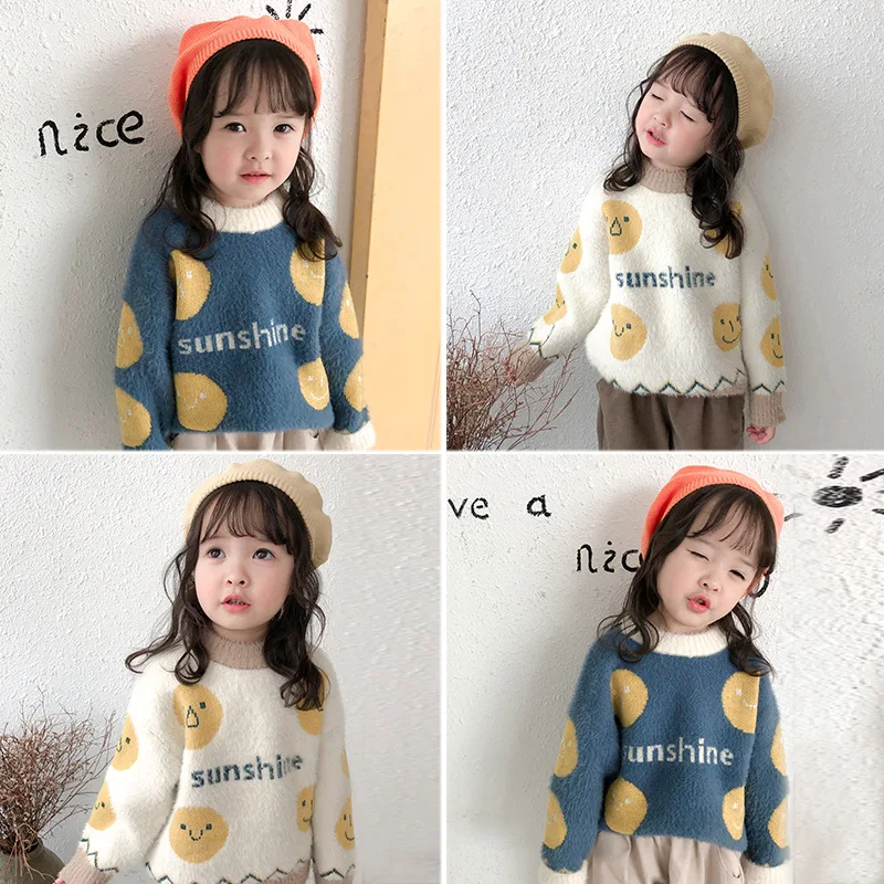 Коллекция 3036 года, одежда для детей Детский свитер г., осенне-зимний норковый свитер для девочек трикотажный пуловер со смайликом для мальчиков