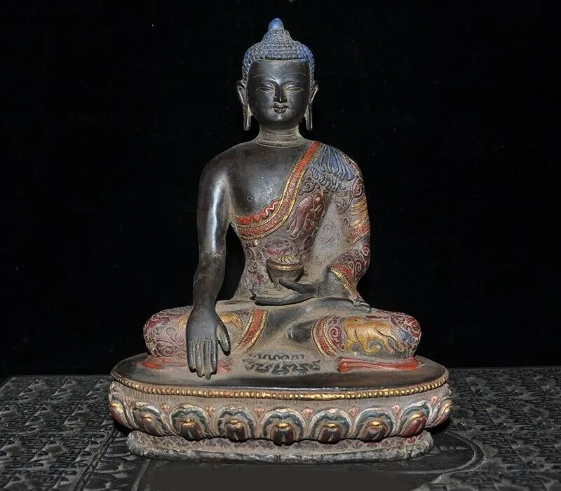 

wedding decoration 10" Old Tibet Temple Pure Bronze Painted Lotus Sakyamuni Medicine buddha Statue