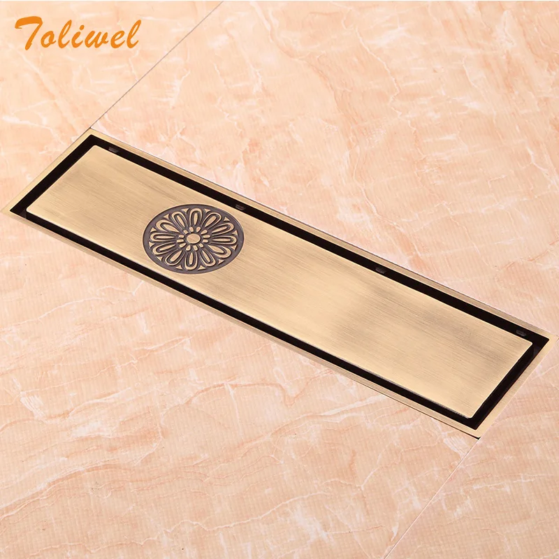 

Free Shipping Antique Brass 8 x 30cm Bathroom Linear Shower Floor Drain Wire Strainer Waste Drainer Flower Carved Heavy SEH029