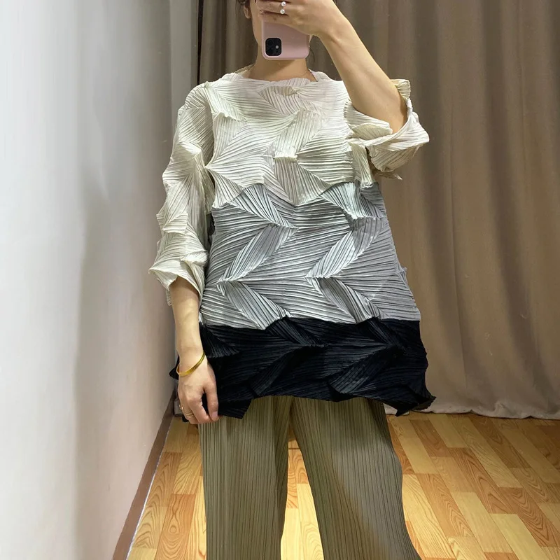 MIYAKE Плиссированные Свободные Большие размеры алмаз плиссированные Цвет Блокировка Топ плиссированная Блузка - Цвет: Серый