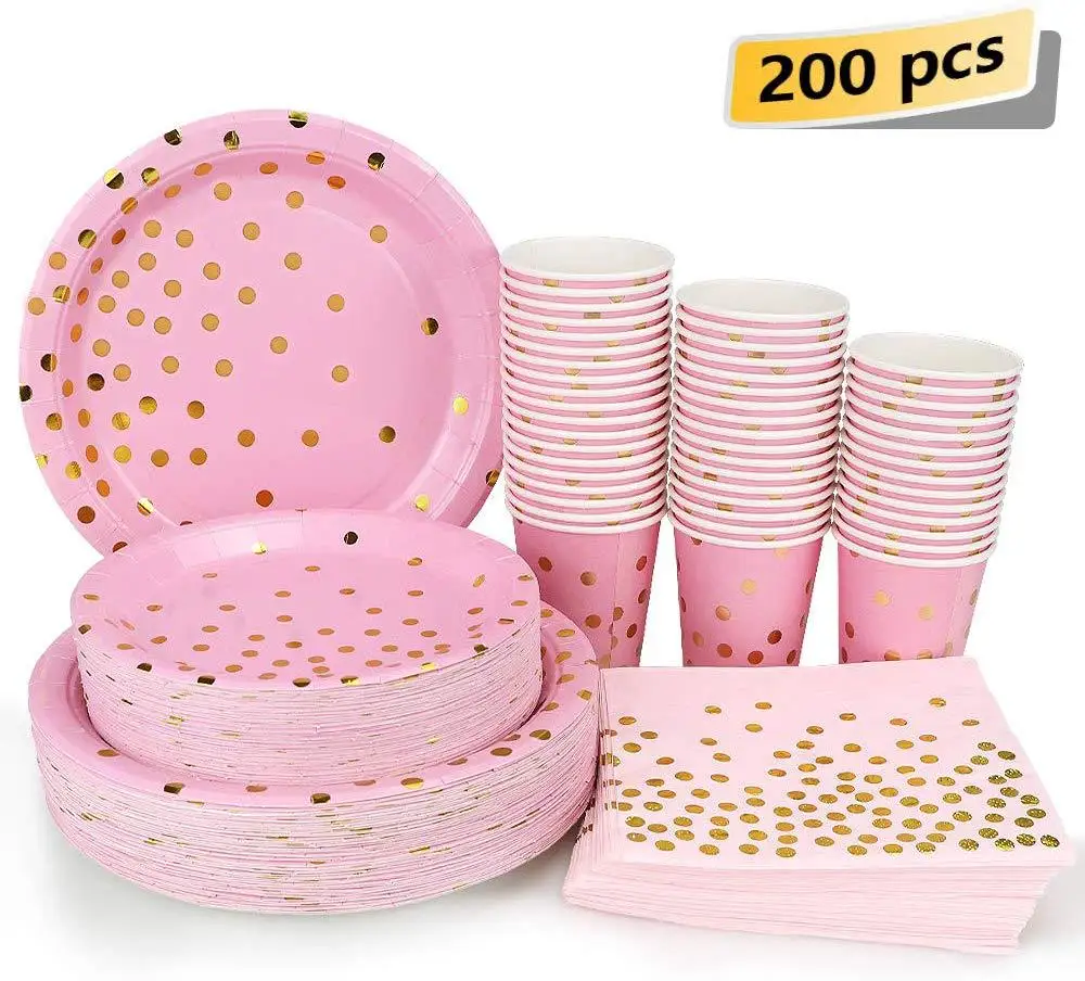 

200PCS Disposable Tableware Paper Cake Disk, Paper Plate, Paper Cup Set,Tableware Wedding Birthday Decoration Party Supplies