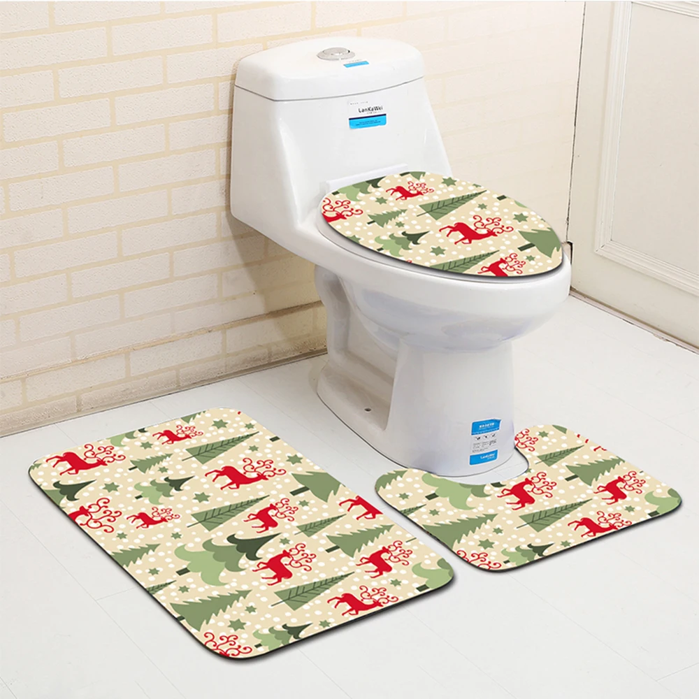 

3Pcs/Set Elk Tree Santa Claus Non-Slip Floor Mat Bath Mat Pedestal Rug Lid Toilet Cover Bathroom Christmas Decoration for Home