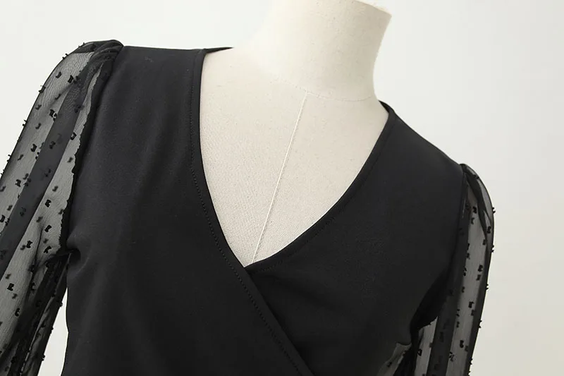 Sexy Women Crop Top Autumn New Fashion V-Neck Transparent Sleeve Blouse Modern Lady Personality Pullover Backless Clothing