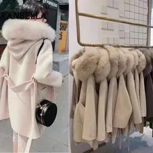6 цветов,, кашемировое пальто с капюшоном, Воротник из натурального Лисьего меха, шерстяной кардиган с поясом, большой размер, Женская двусторонняя шерстяная верхняя одежда