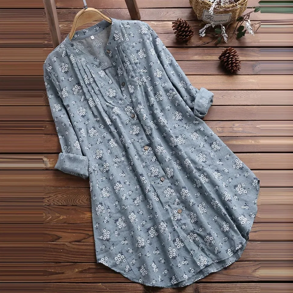 

Shirt New Style Cotton Linen Floral-Print Mid-length Loose-Fit Shirt