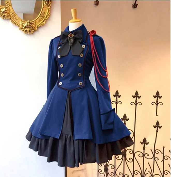 Vintage Gothic Lolita Dress OP Ruffle Bow tie Button Lace Up Knee Length Dress Long Sleeve Sweet