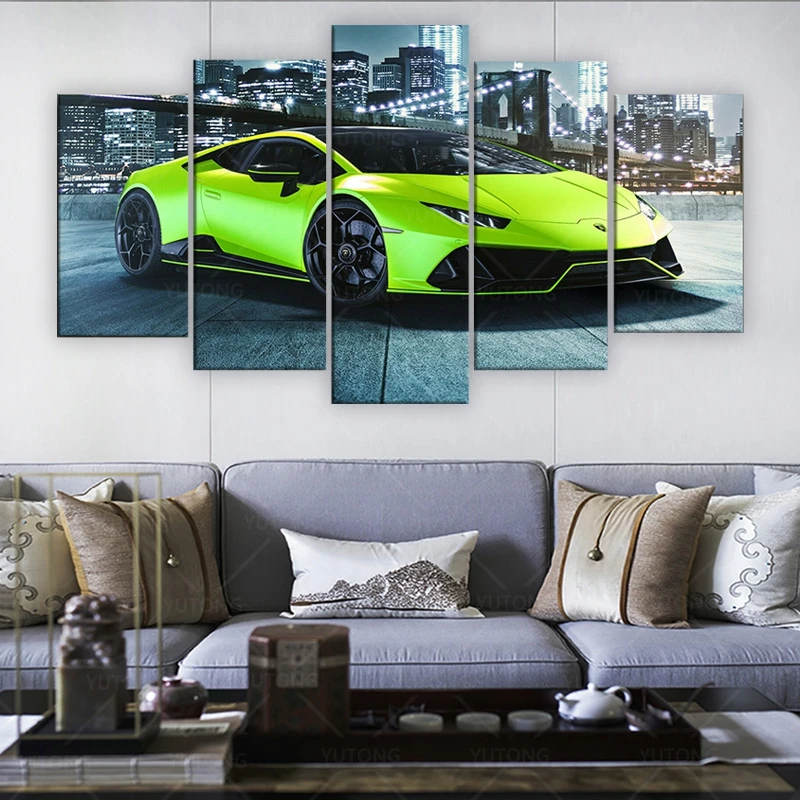 Lamborghini Cuadro de arte de pared para el hogar, pintura en lienzo en HD  para decoración del hogar, Super coche verde, 5 paneles, sin marco|Pintura  y caligrafía| - AliExpress